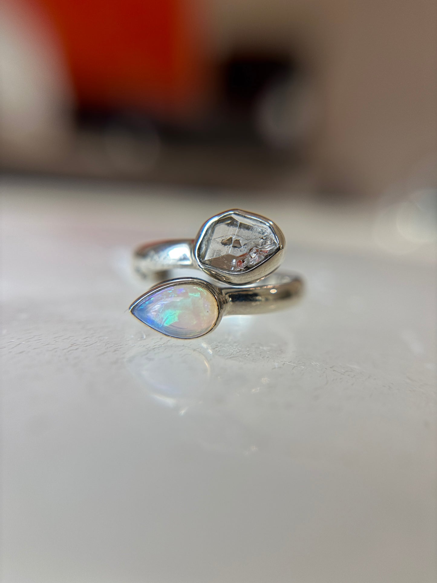 Opal and Herkimer Diamond Ring Size 6 Sterling Silver