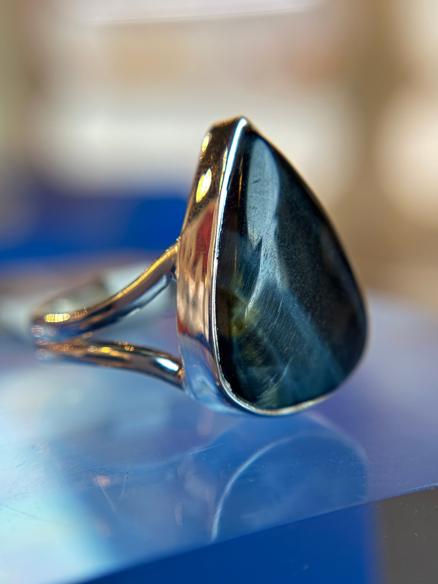Blue Tiger’s Eye Ring Size 9 Sterling Silver