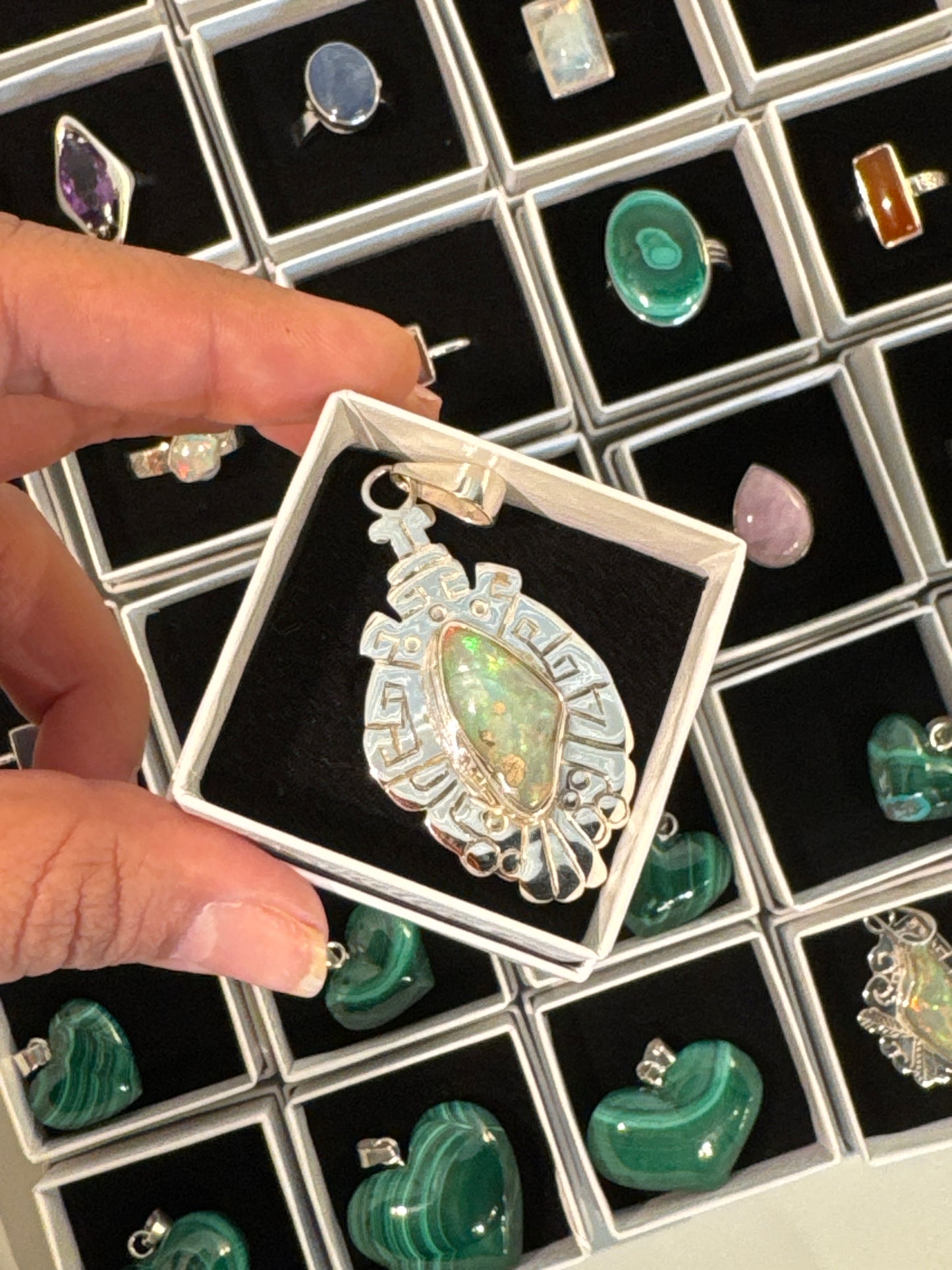 Mayan-Inspired Sterling Silver Opal Talisman Pendant