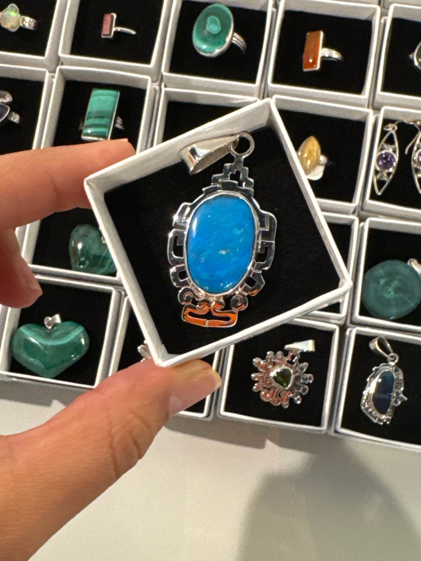 Sterling Silver Blue Opal Pendant with Mayan-Inspired Design