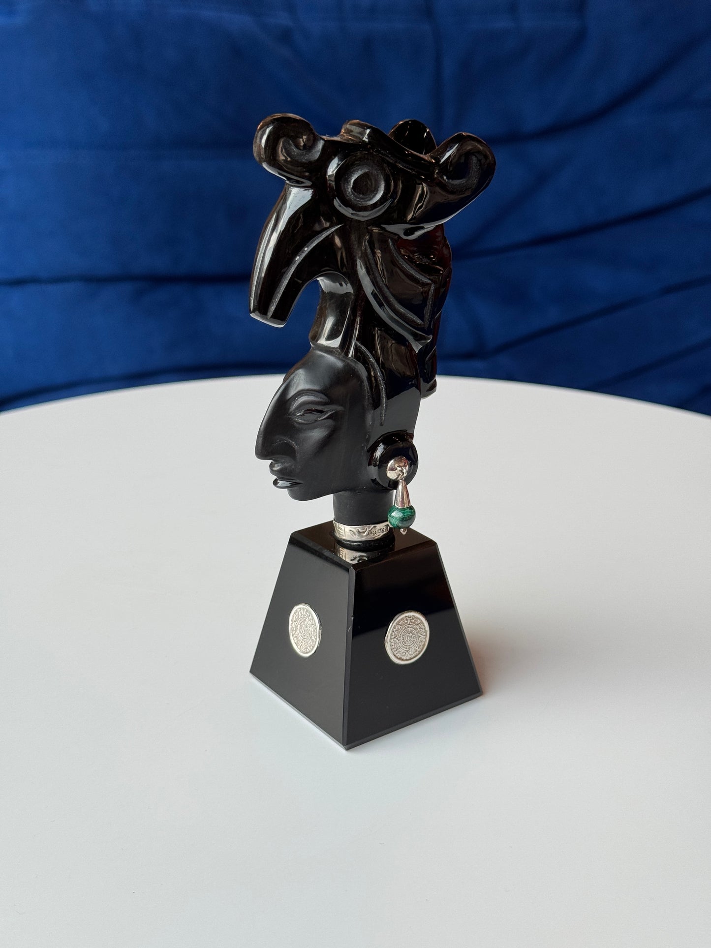 Pakal The Great- Obsidian Sculpture | malachite and 95% silver accents
