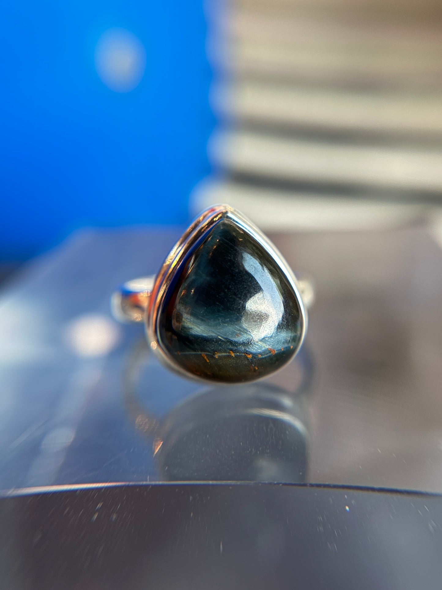 Blue Tiger’s Eye Ring Size 11 Sterling Silver