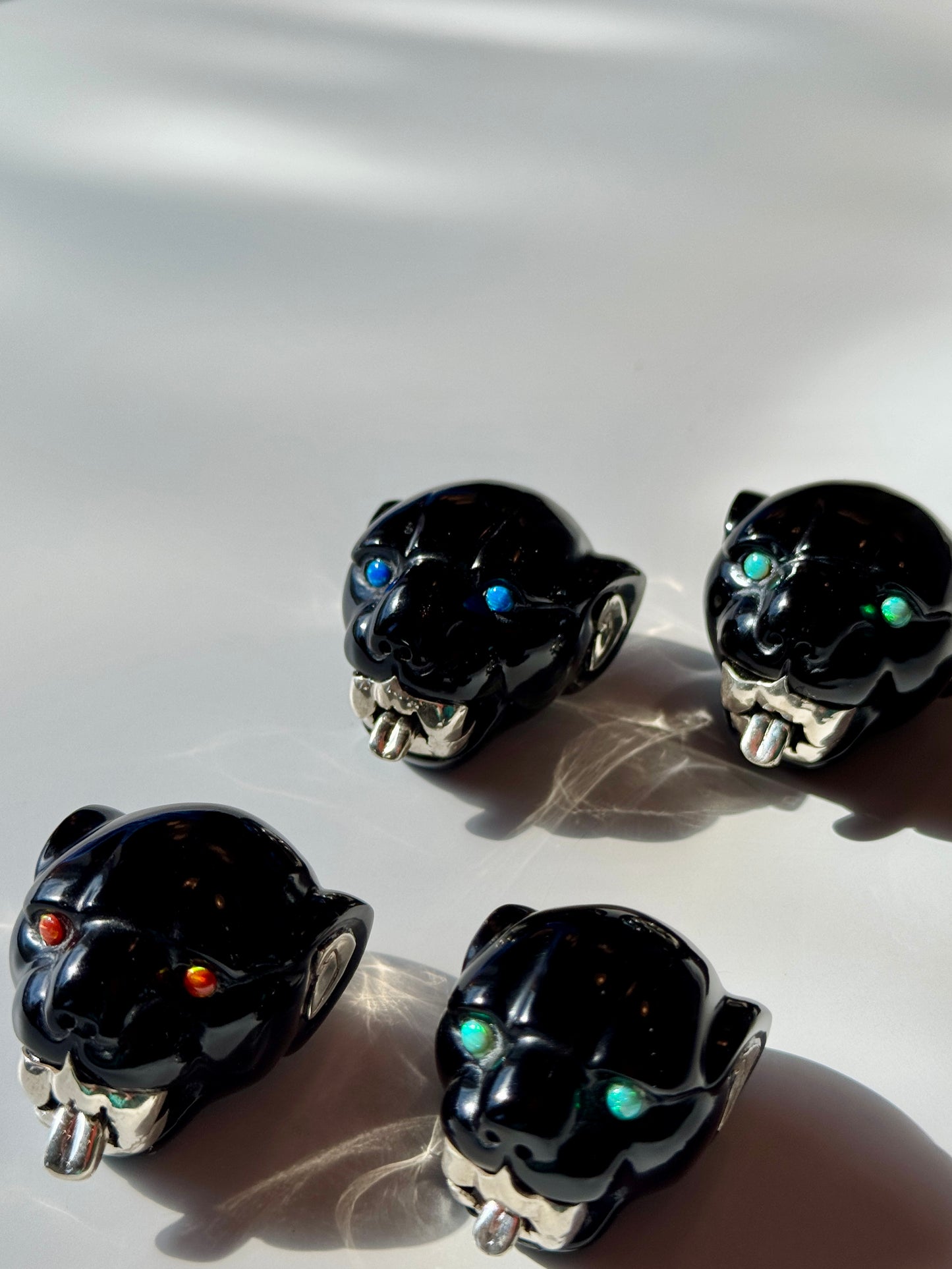 Obsidian Jaguar Sculpture with Opal and 95% Silver