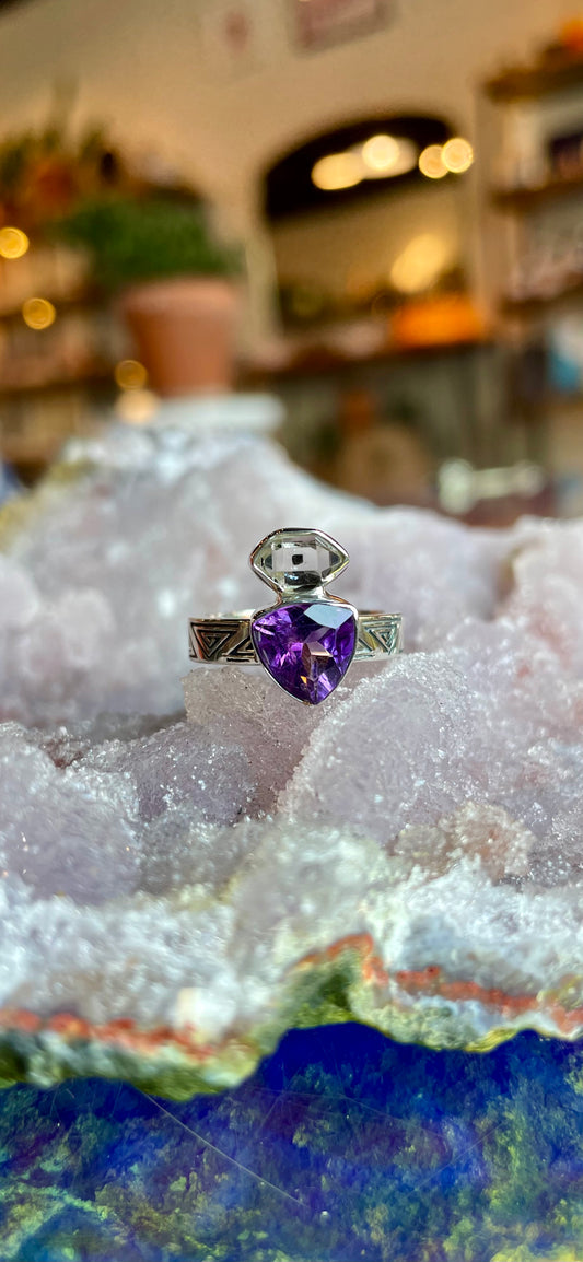 Amethyst and Herkimer Diamond Ring - Sterling Silver size 6 #1077