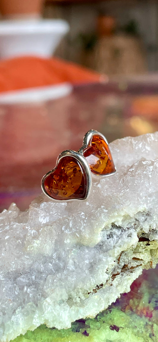 Baltic Amber Earrings - heart shaped studs