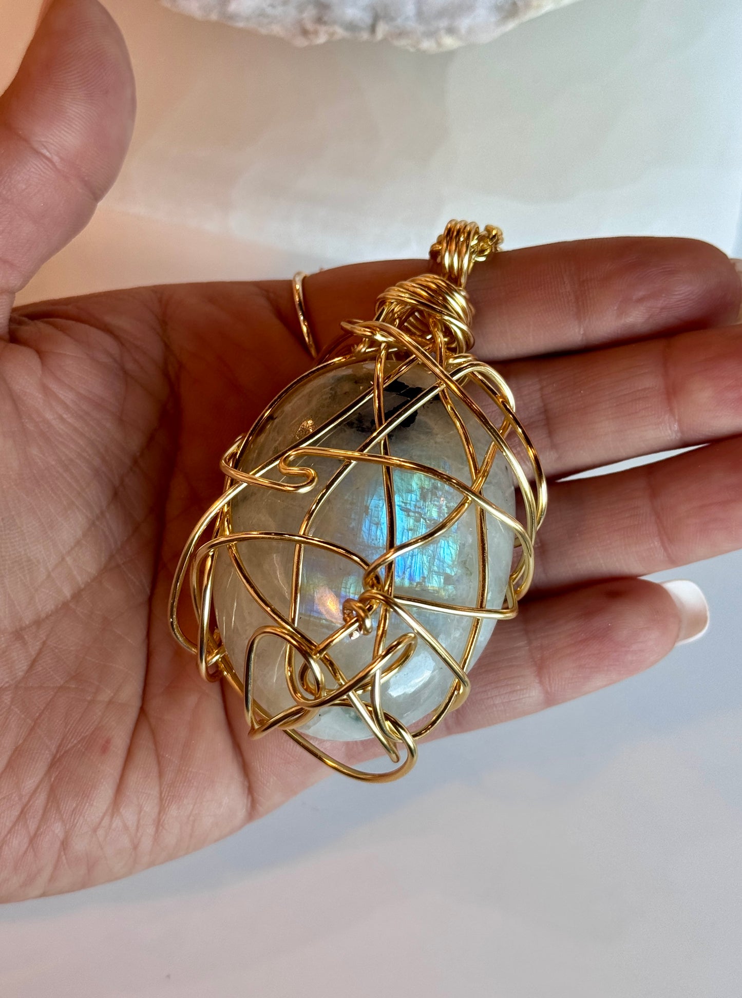 Rainbow Moonstone Gold Plated Copper Wire Wrapped Necklace