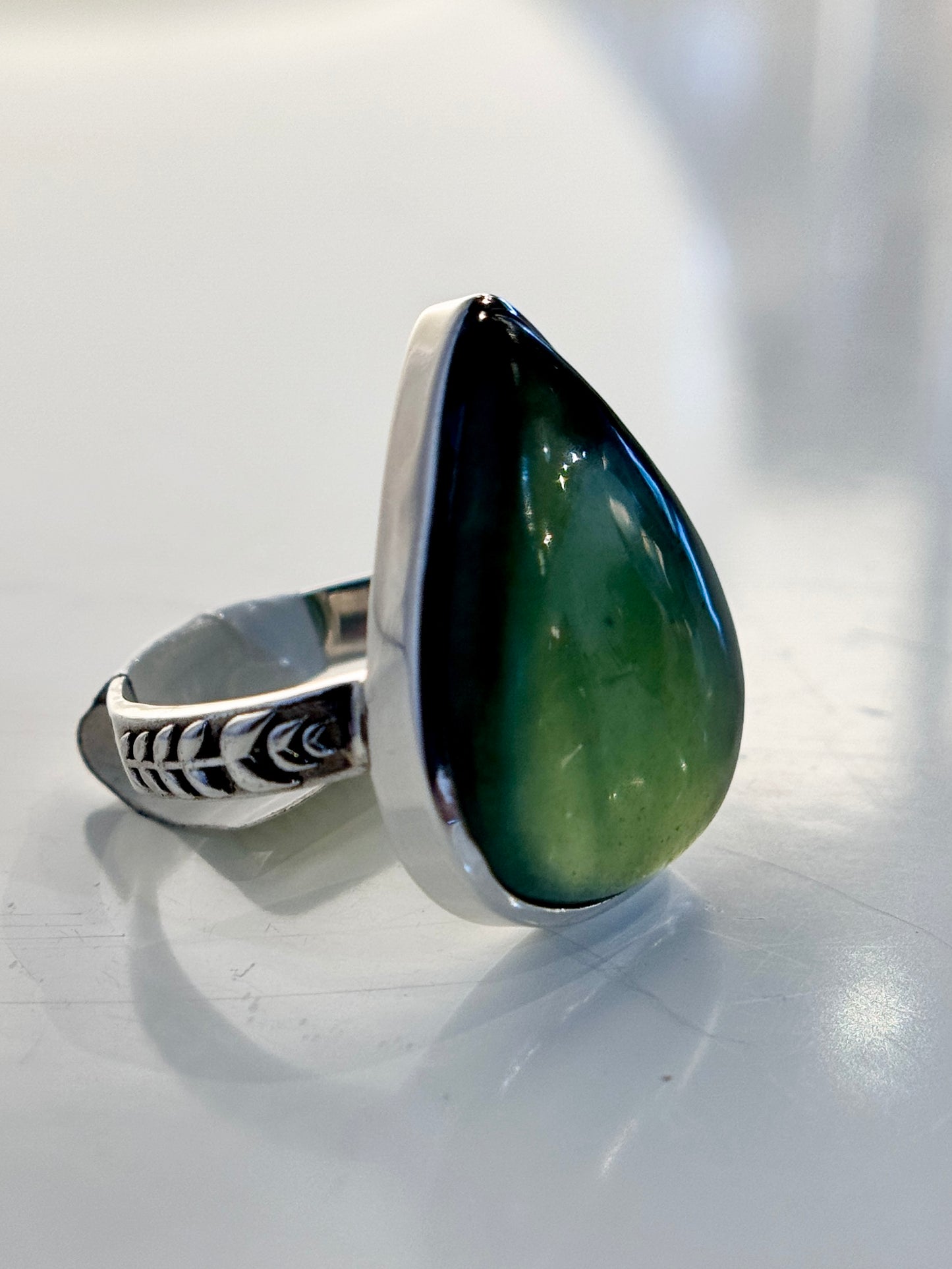 Tear Drop Sterling Silver Jade Ring size 9