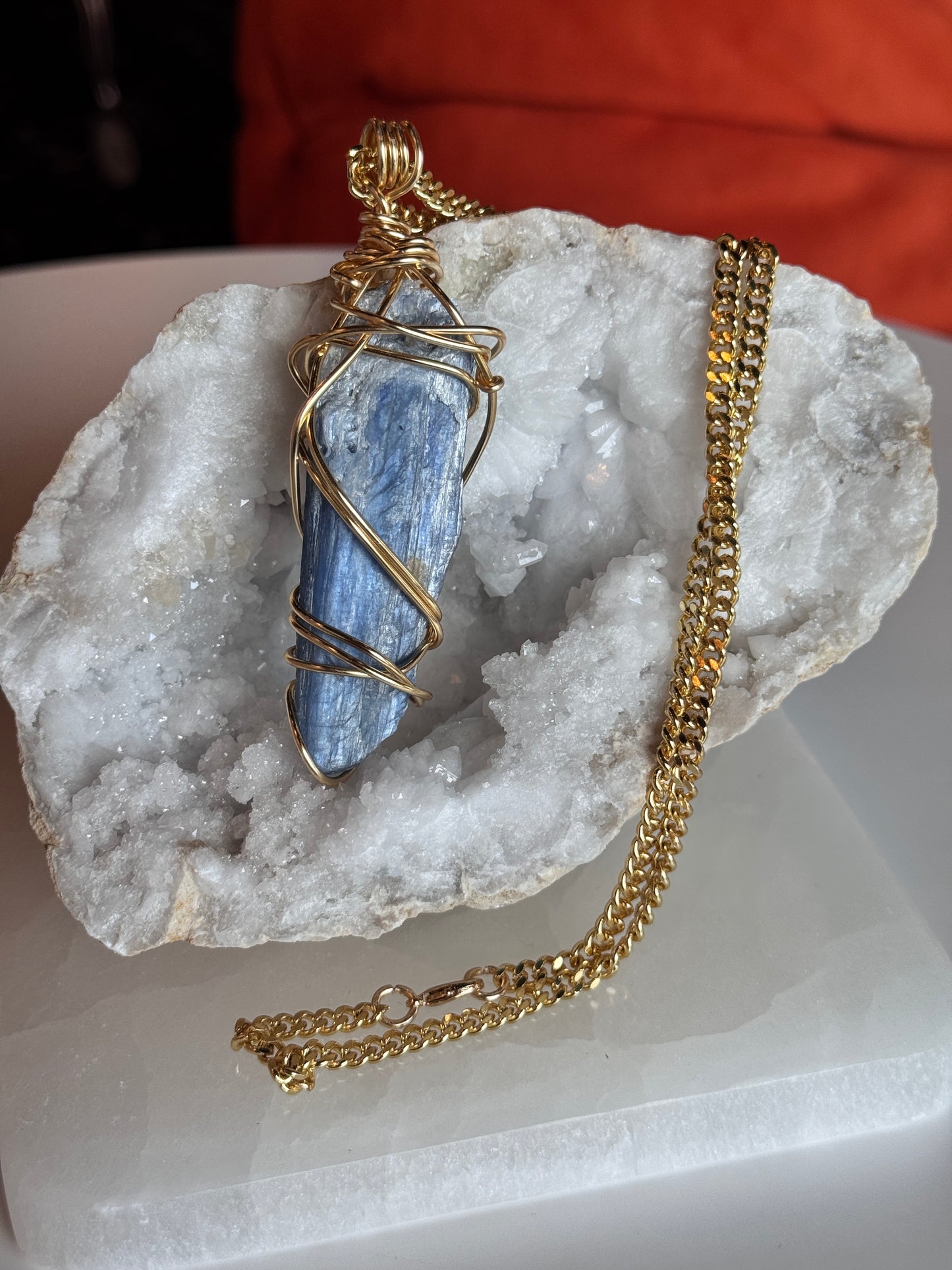 Blue kyanite Gold plated Copper wire wrapped necklace