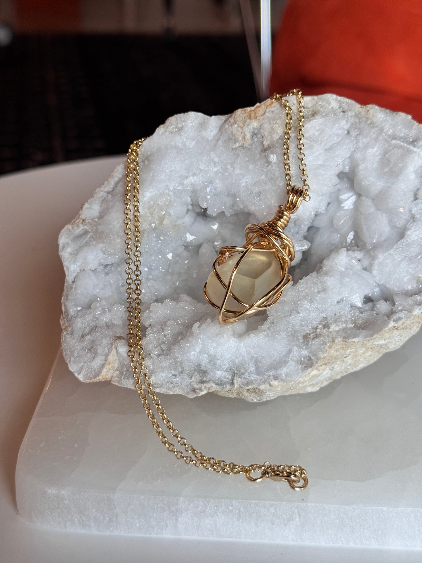 Libyan Dessert Glass Gold Plated Copper Wire Wrapped Necklace