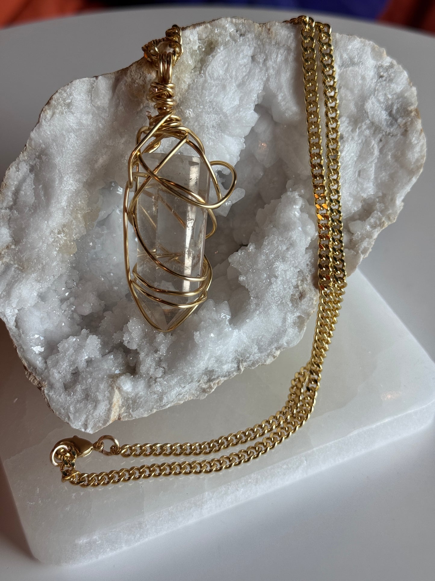 Clear Quartz Point Gold Plated Copper Wire Wrapped necklace