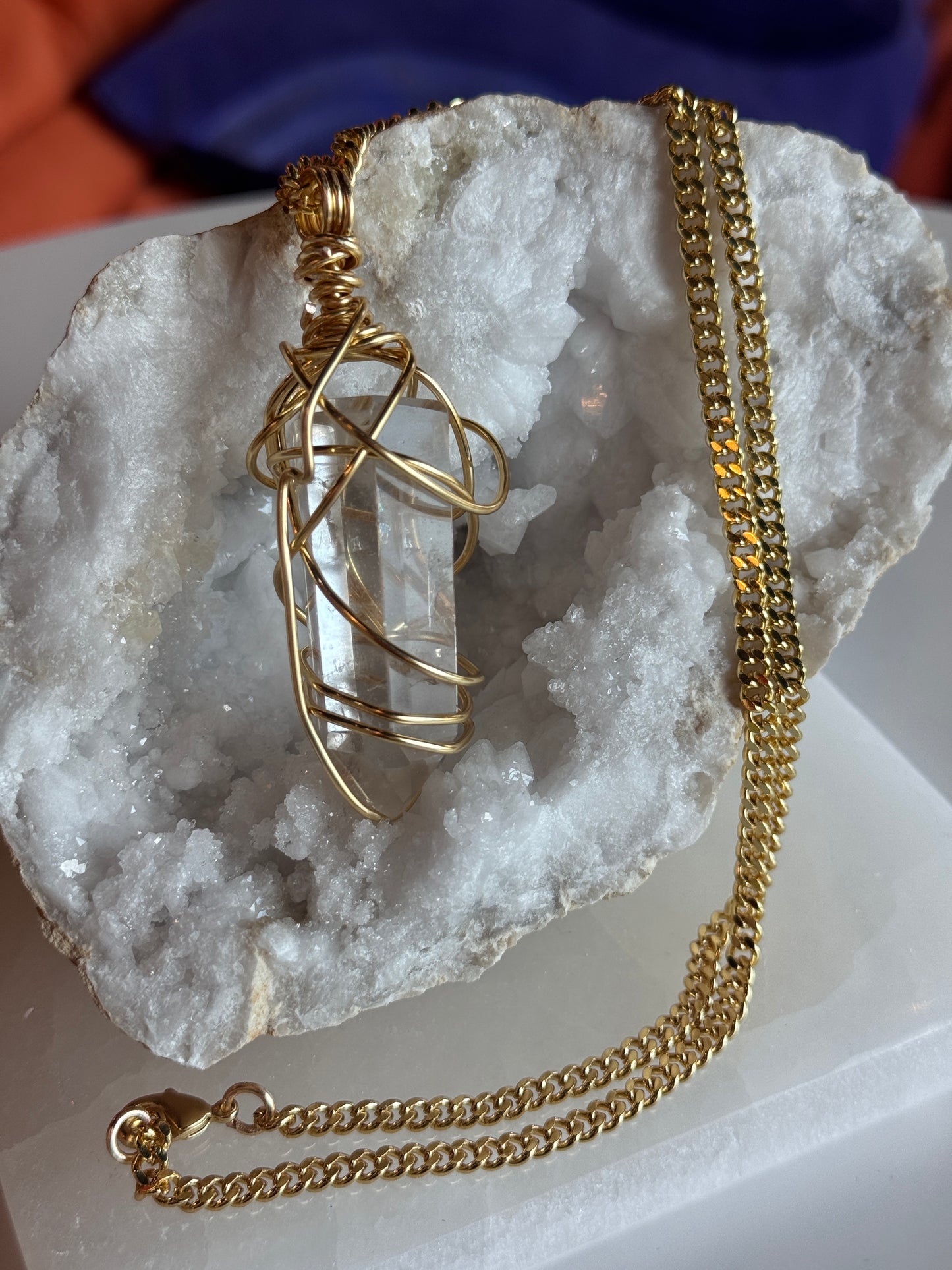 Clear Quartz Point Gold Plated Copper Wire Wrapped necklace