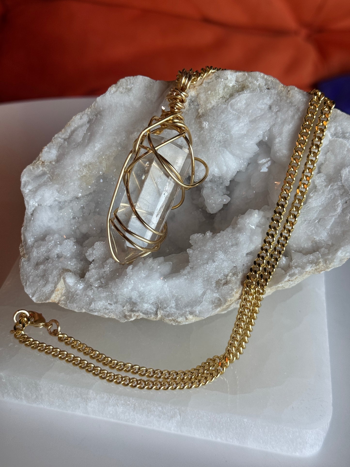 Clear Quartz Point Gold Plated Copper Wire Wrapped necklace