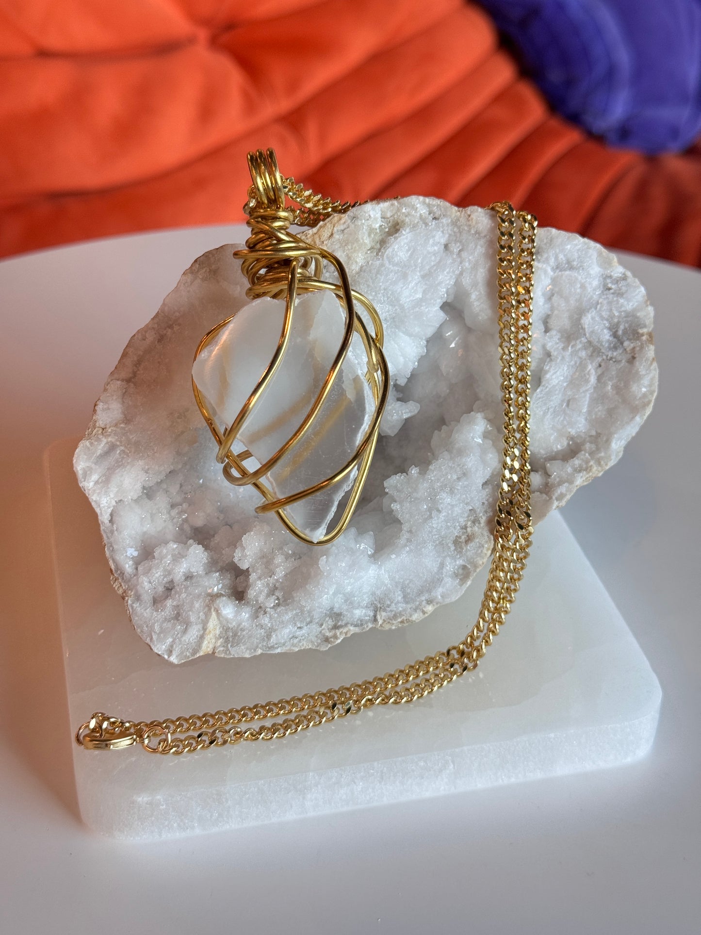TV Selenite Gold plated Copper Wire Wrapped necklace