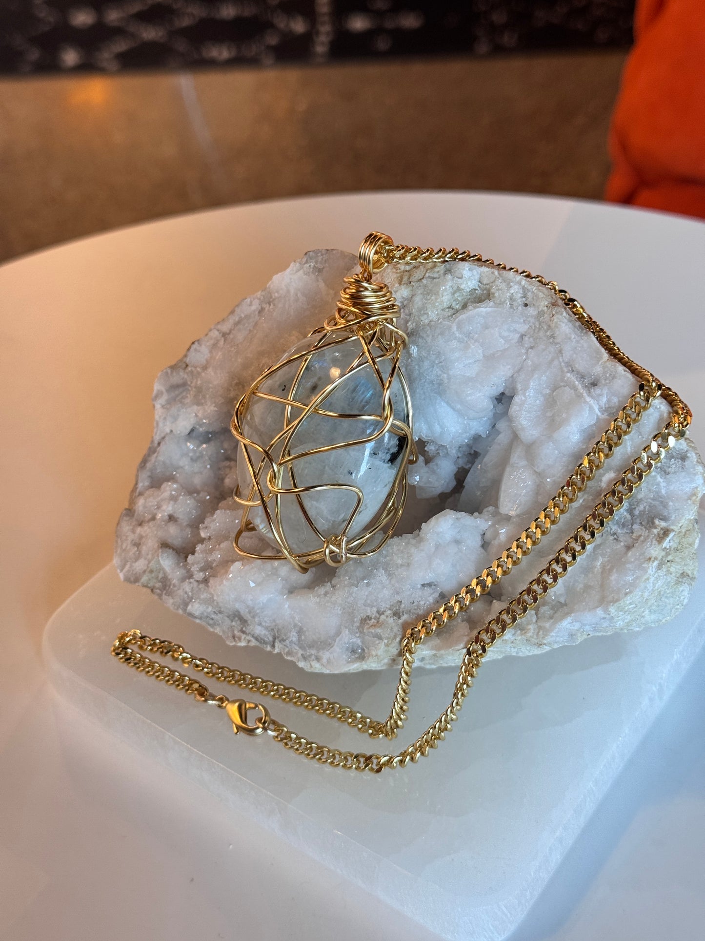 Rainbow Moonstone Gold Plated Copper Wire Wrapped Necklace