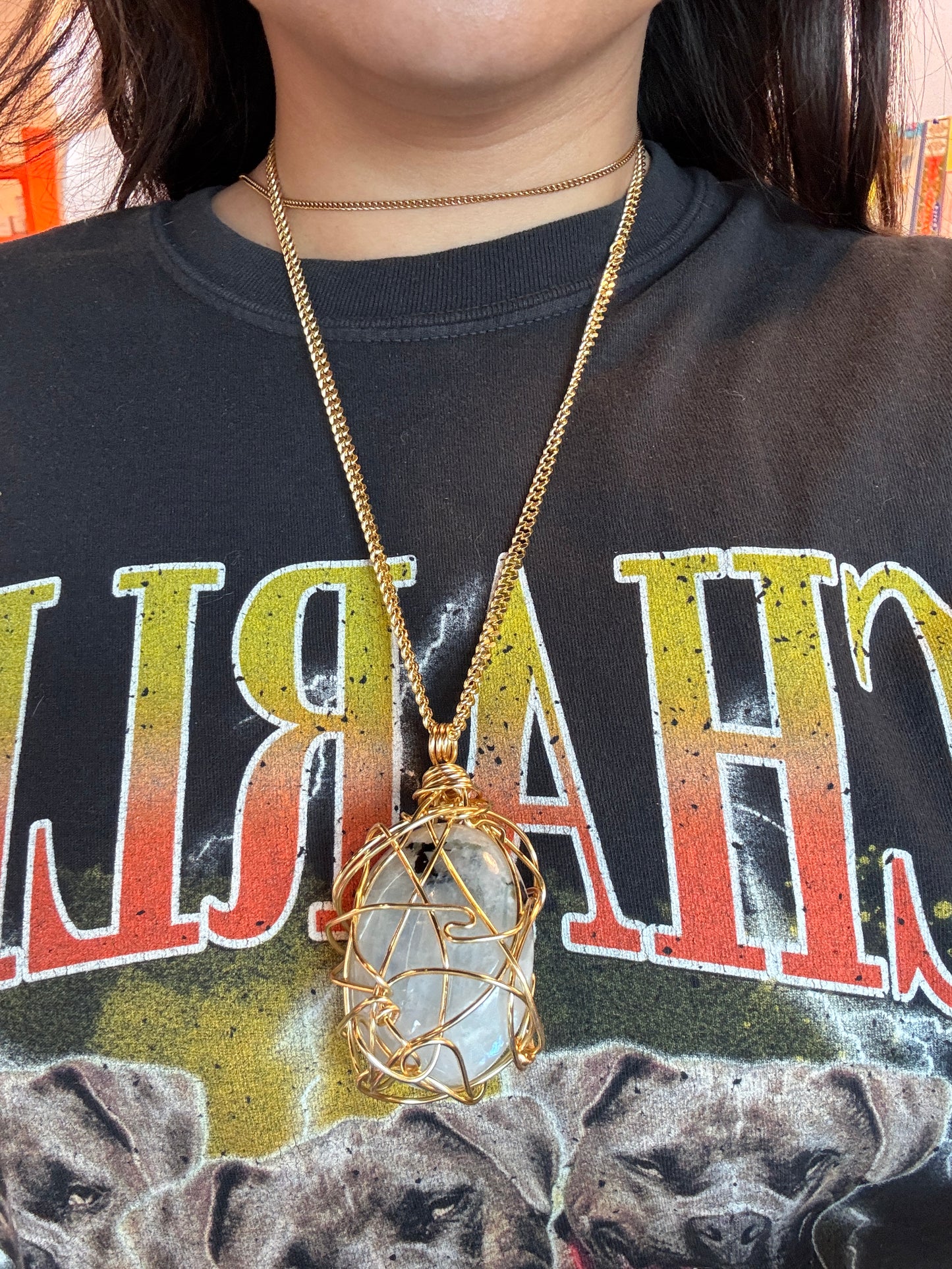 Rainbow Moonstone Gold Plated Copper Wire Wrapped Necklace