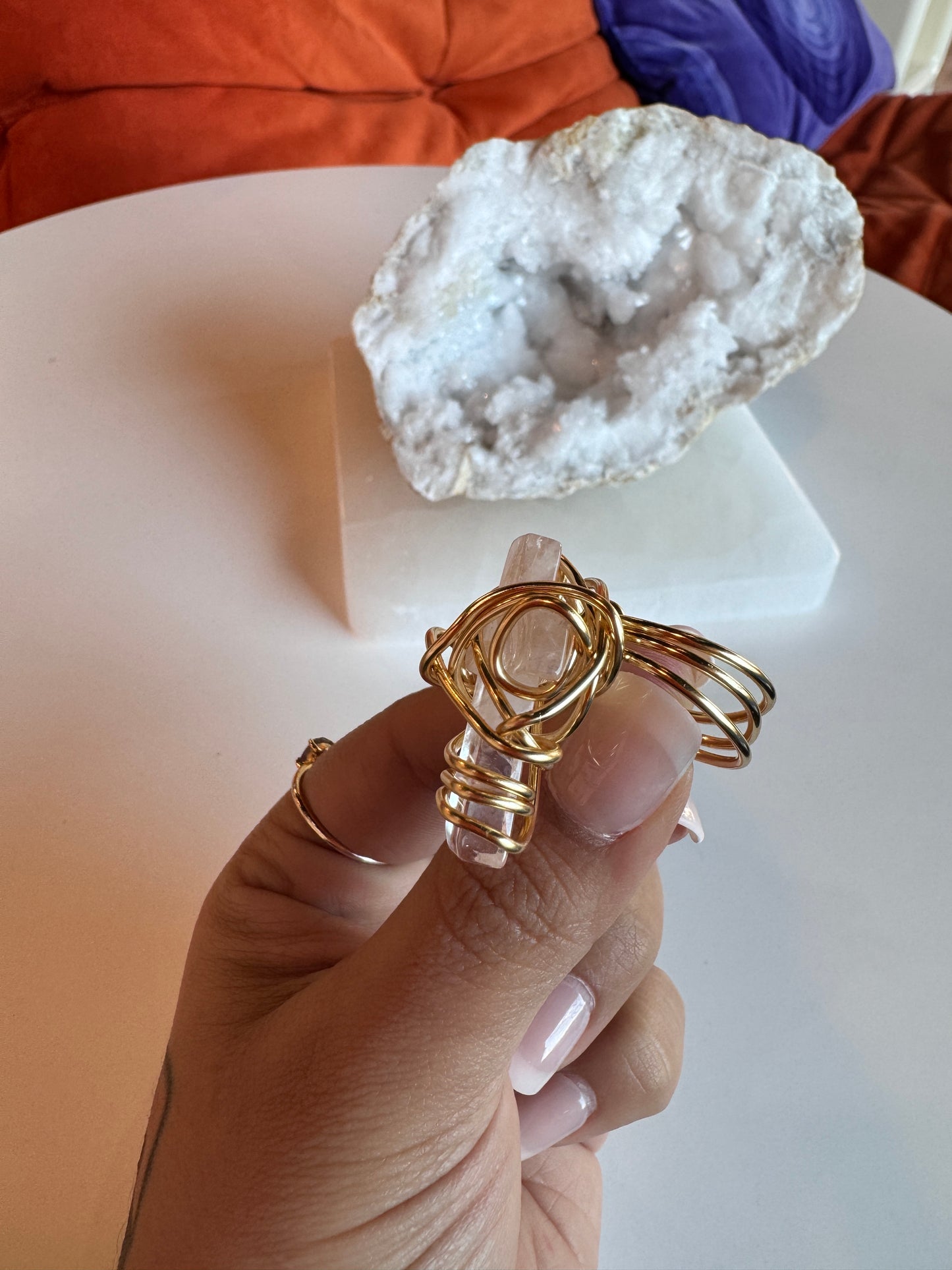 Rose Quartz Gold Plated Copper Wire Wrapped Ring size 7.5
