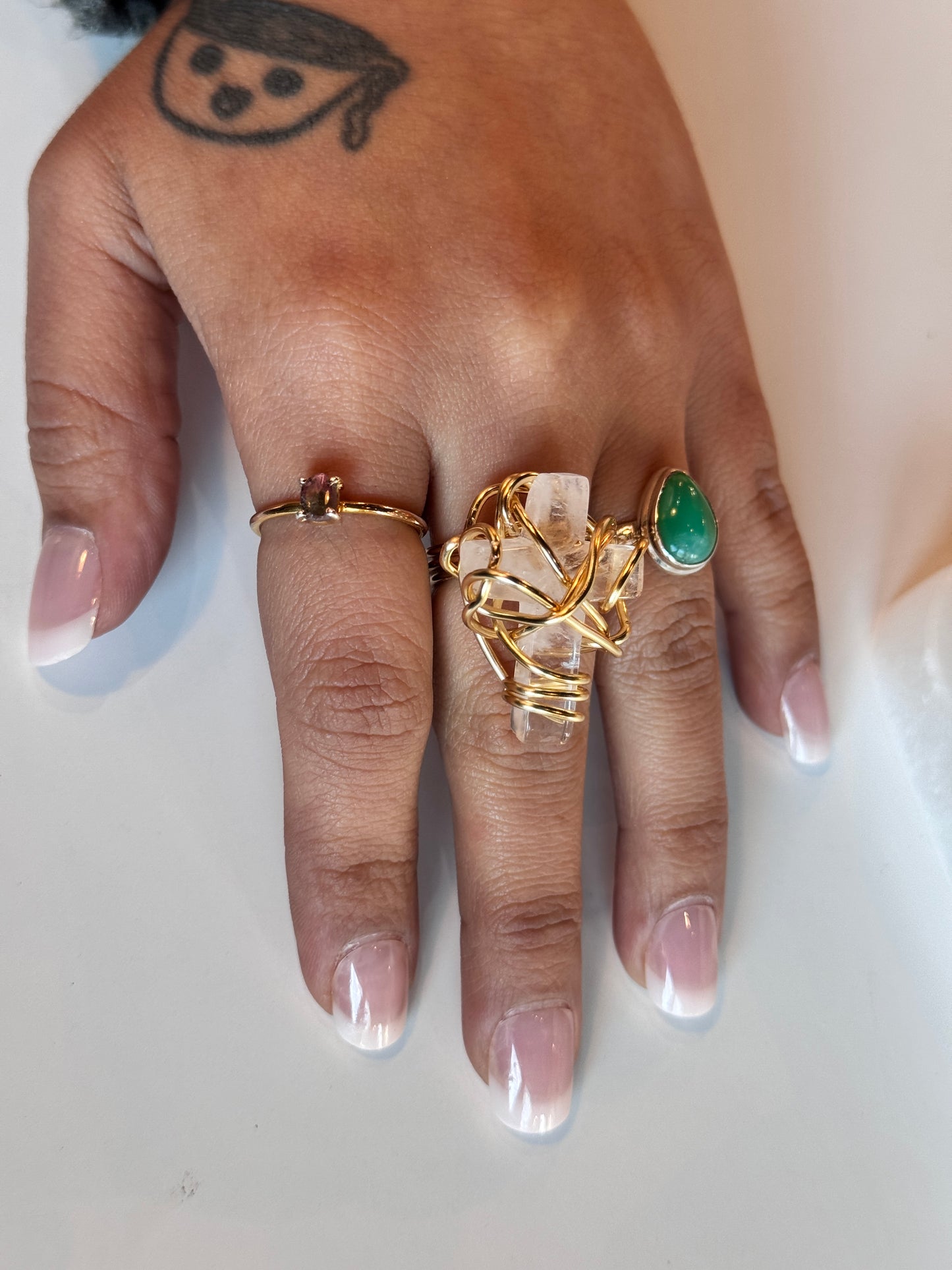 Rose Quartz Gold Plated Copper Wire Wrapped Ring size 7.5