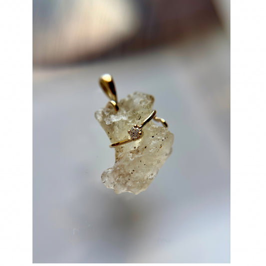 14k Solid Gold Lybian Desert Glass with Natural HSI1 Diamond Necklace Pendant