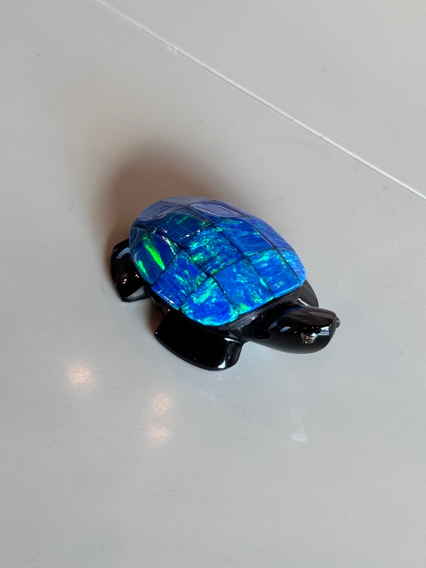Obsidian Turtle with Blue Opal Shell and Fire Opal Eyes