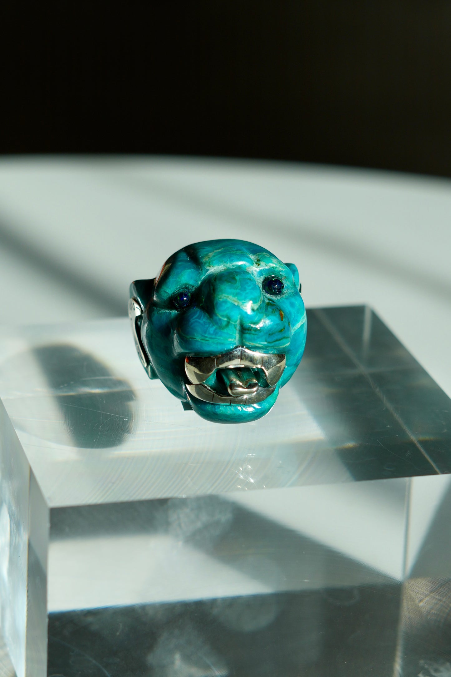 Blue Boulder Opal Jaguar with Black Opal Eyes and Sterling silver accents