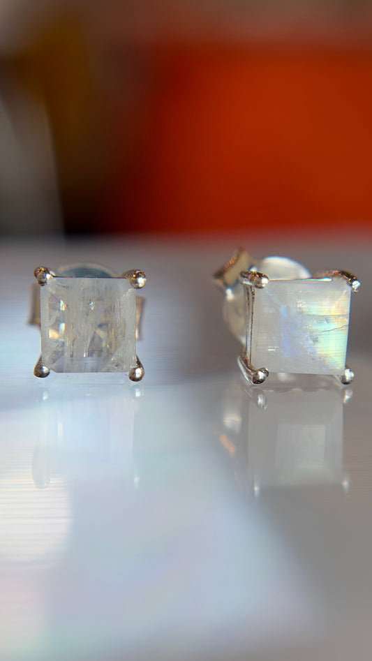 Sterling Silver Rainbow Moonstone Stud Earrings