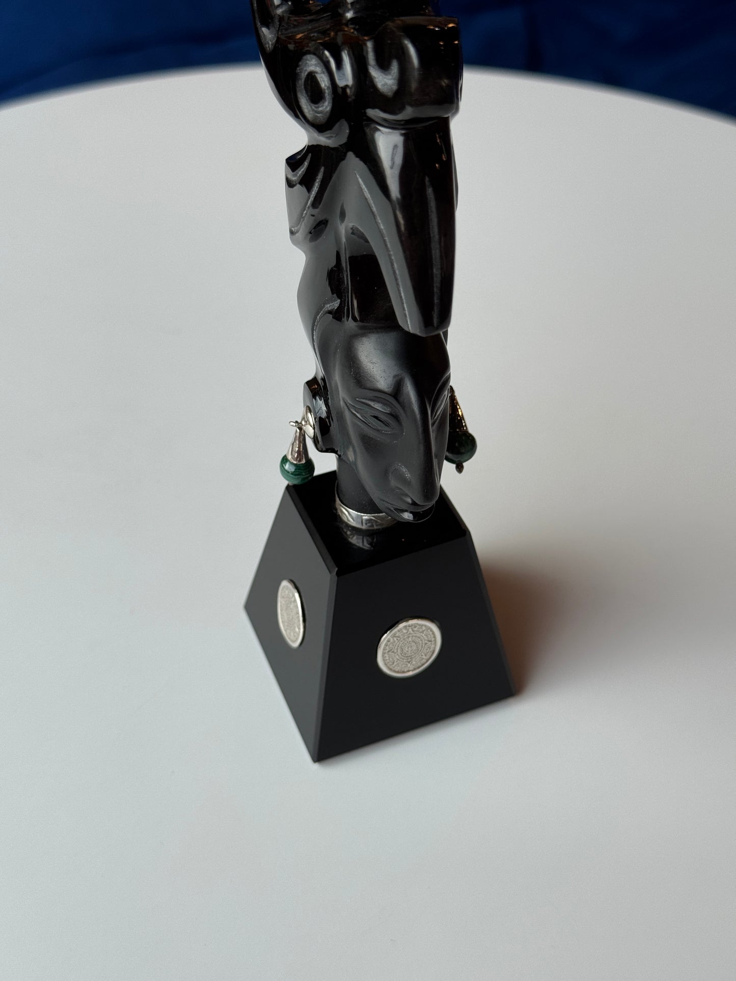 Pakal The Great- Obsidian Sculpture | malachite and 95% silver accents