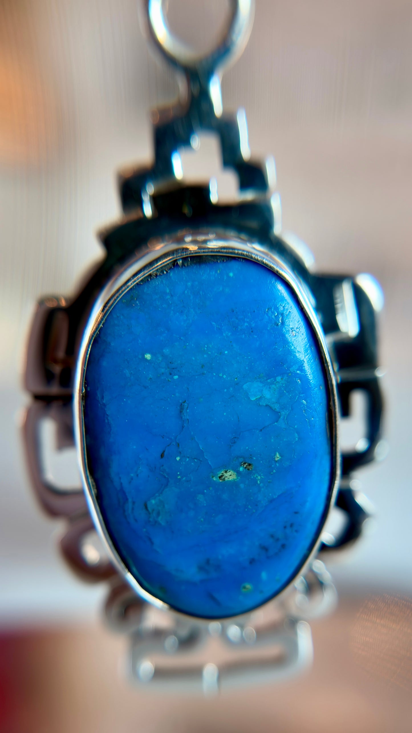 Sterling Silver Blue Opal Pendant with Mayan-Inspired Design