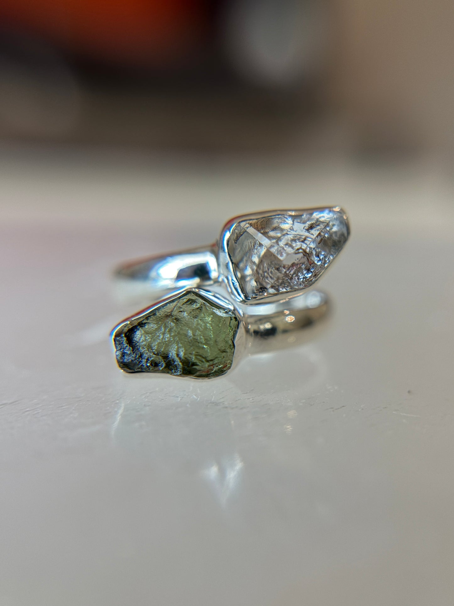 Moldavite and Herkimer Diamond Ring Size 5