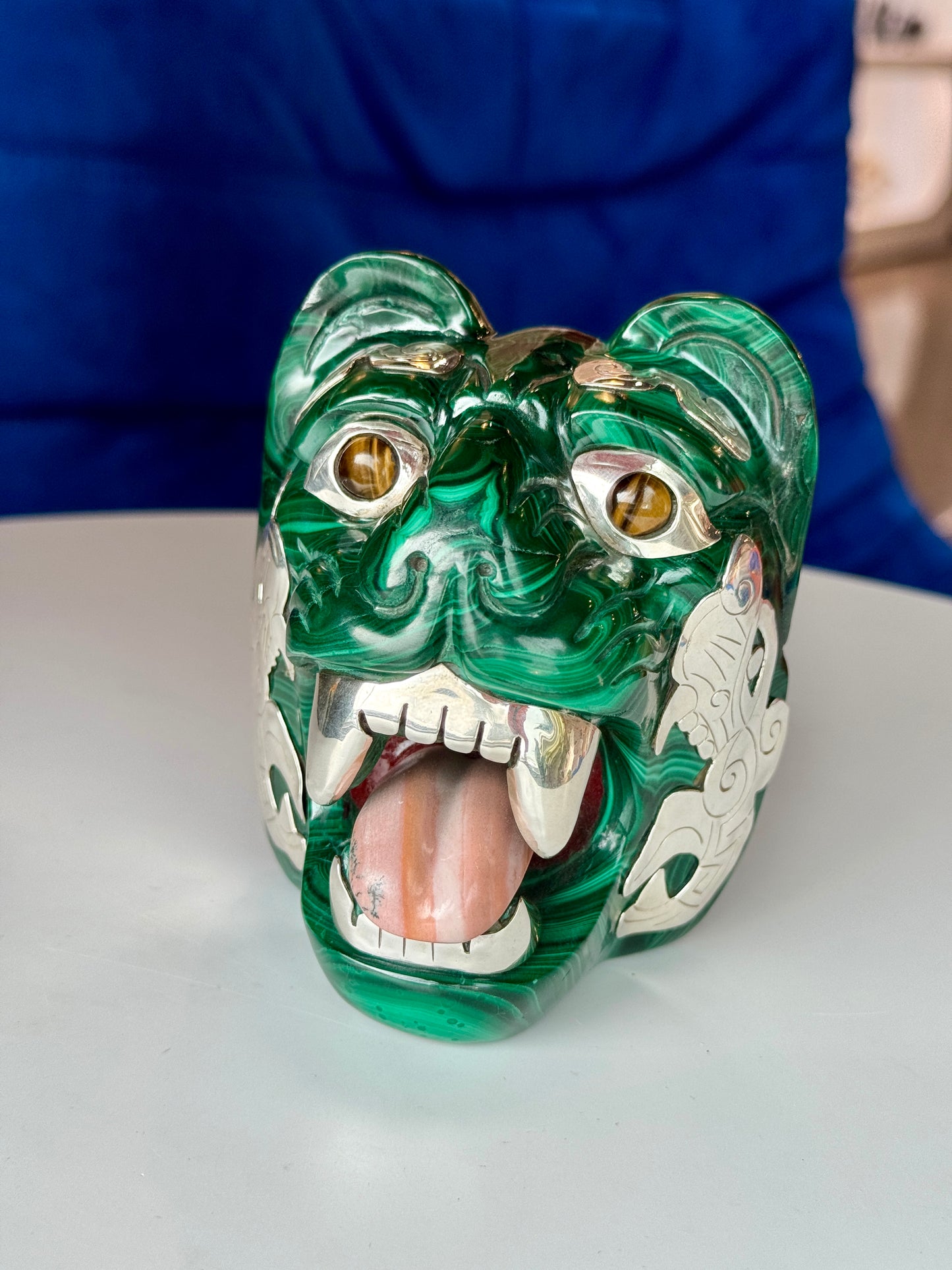 Malachite Sculpture with Tigers Eye and 95% Silver Accents