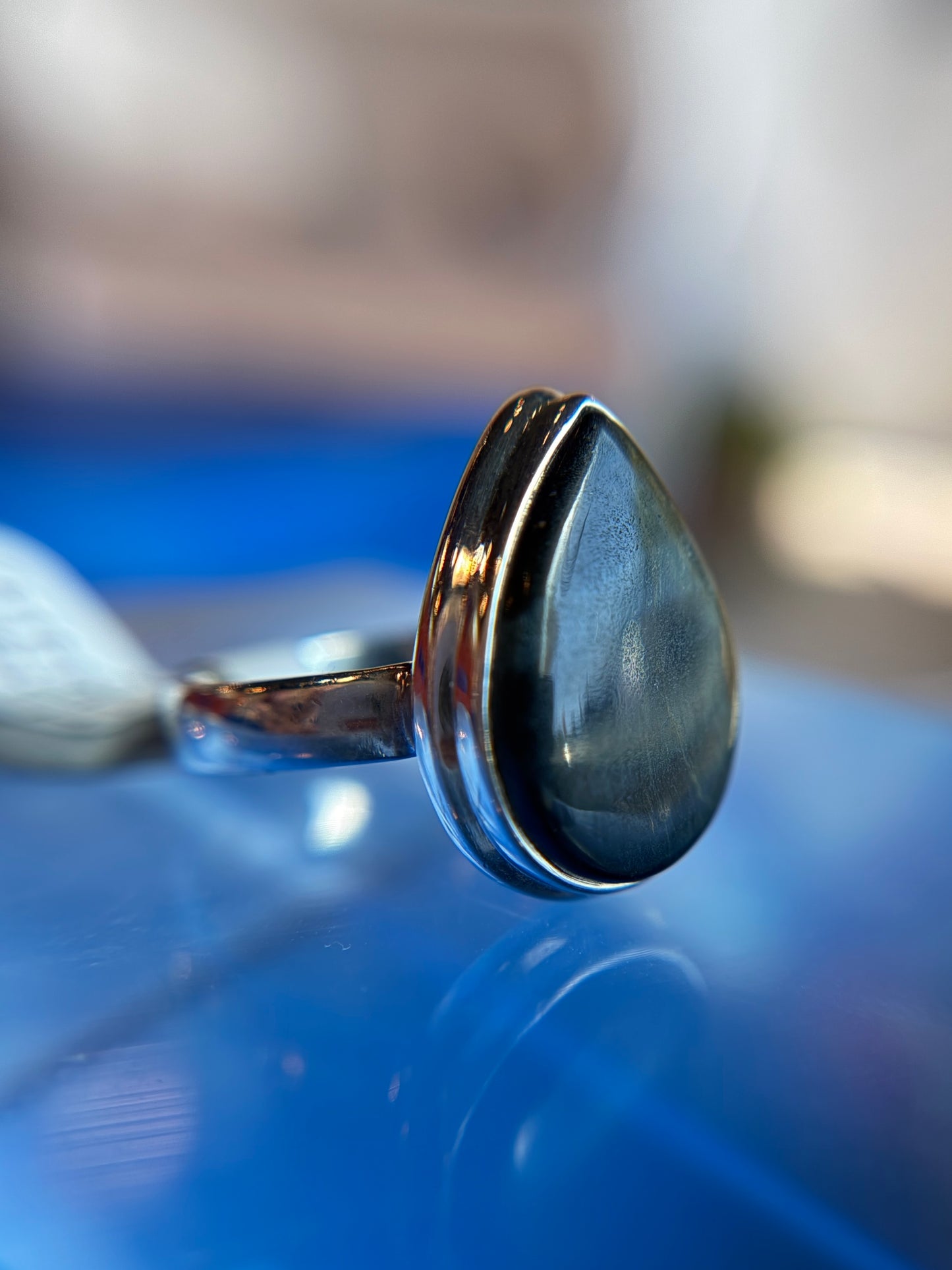 Hawk Eye Blue Tigers Eye Ring Size 8 Sterling Silver