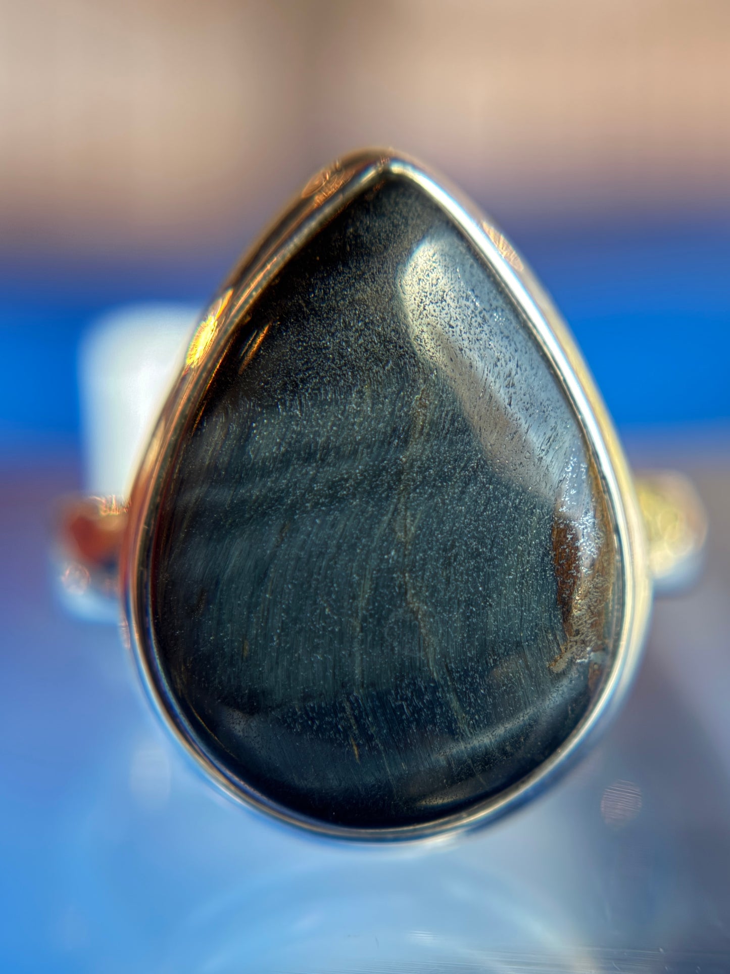 Hawk Eye Blue Tigers Eye Ring Size 8 Sterling Silver