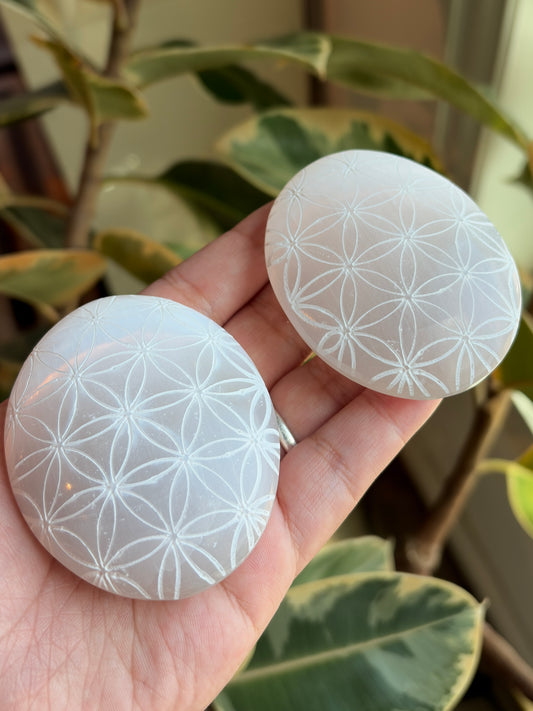 Selenite Flower Of Life Palm Stone