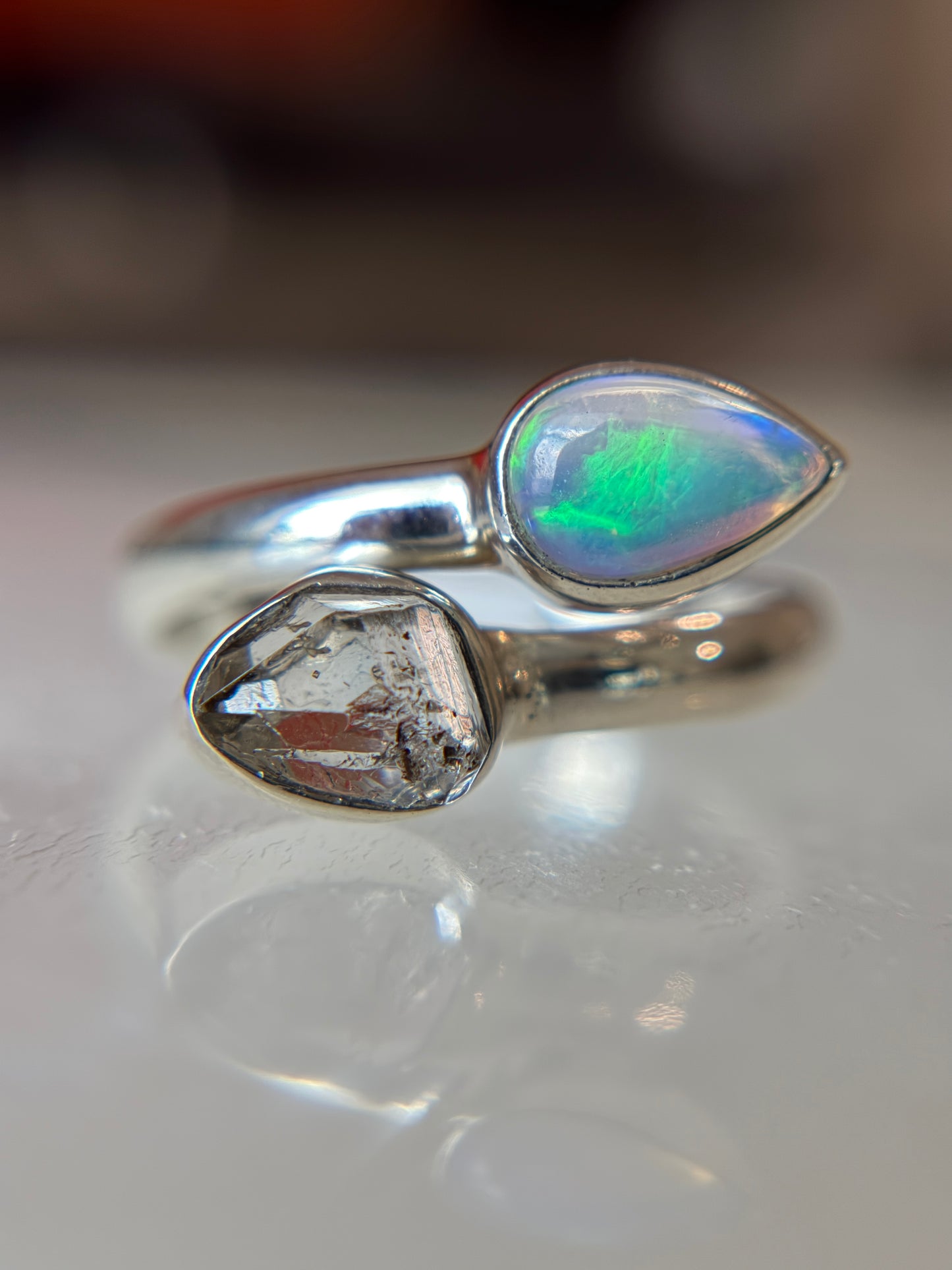 Opal and Herkimer Diamond Ring Size 6 Sterling Silver