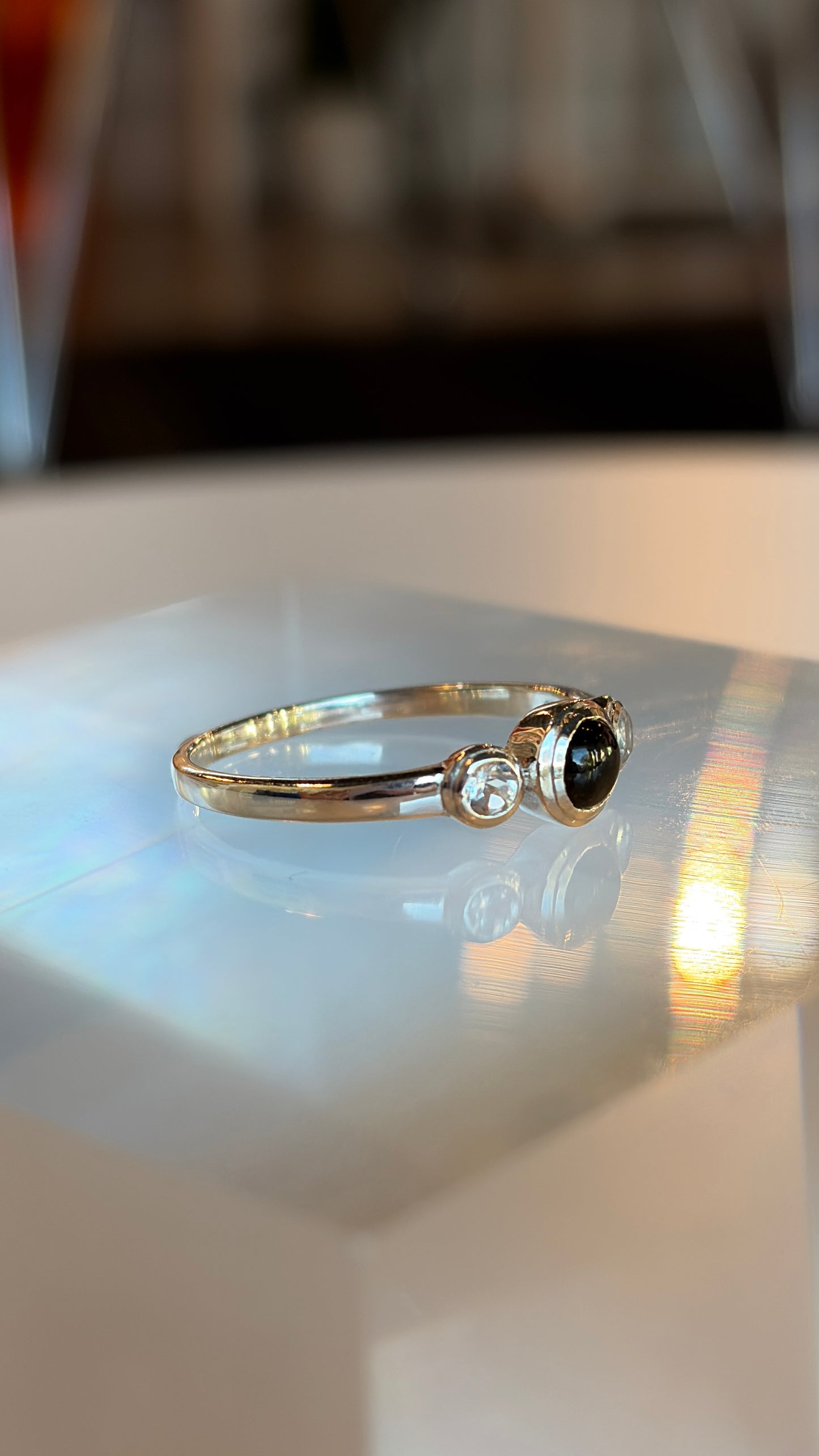 Sterling Silver Black Onyx and White Topaz Ring Size 9