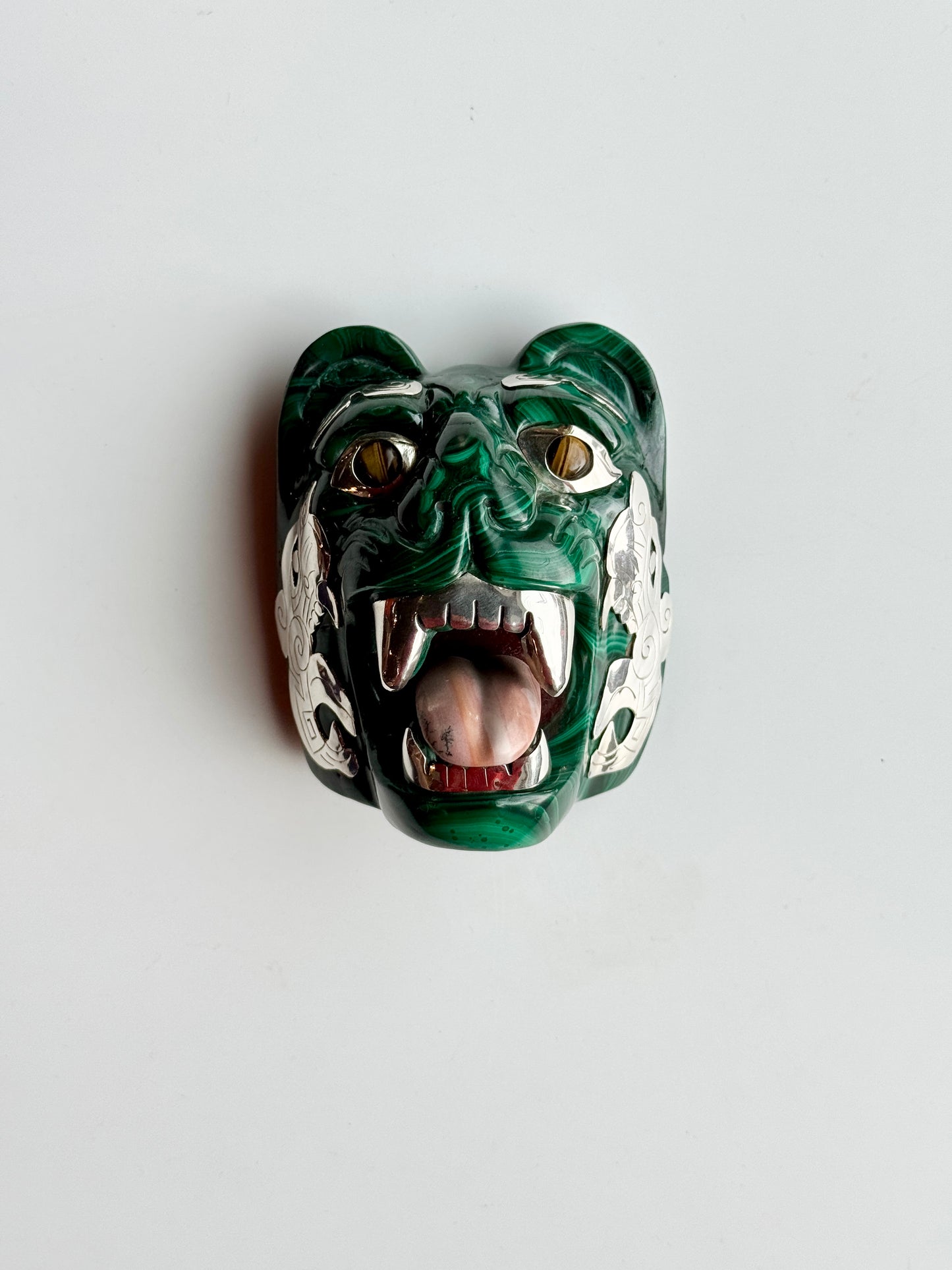 Malachite Sculpture with Tigers Eye and 95% Silver Accents