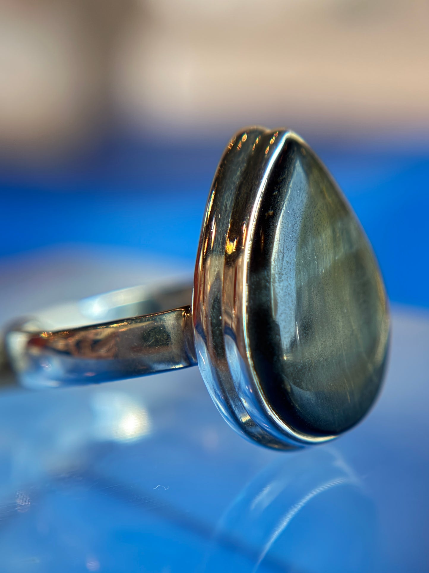 Hawk Eye Blue Tigers Eye Ring Size 8 Sterling Silver