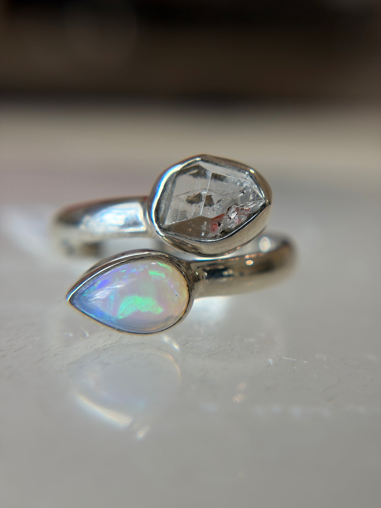 Opal and Herkimer Diamond Ring Size 6 Sterling Silver