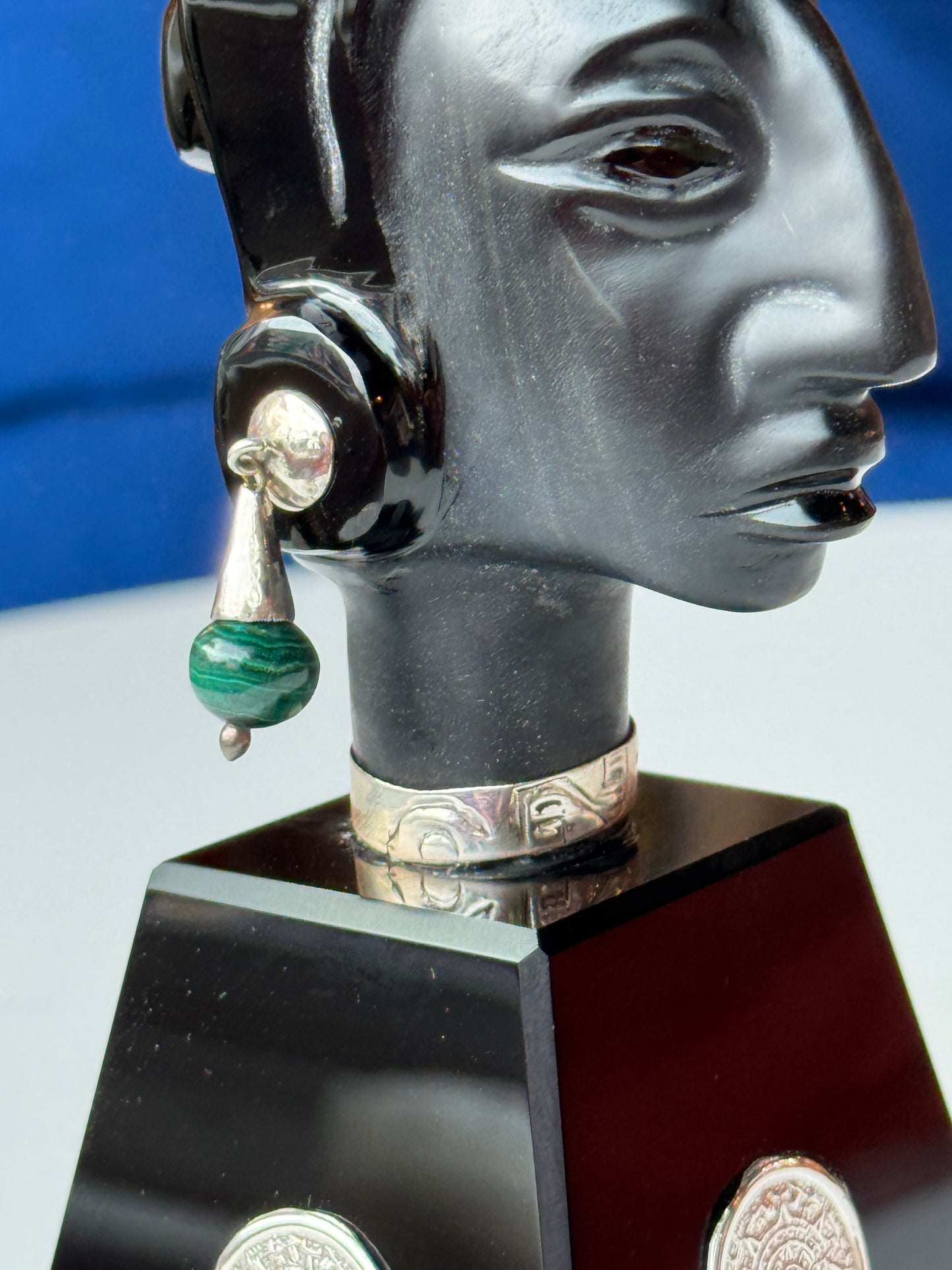 Pakal The Great- Obsidian Sculpture | malachite and 95% silver accents