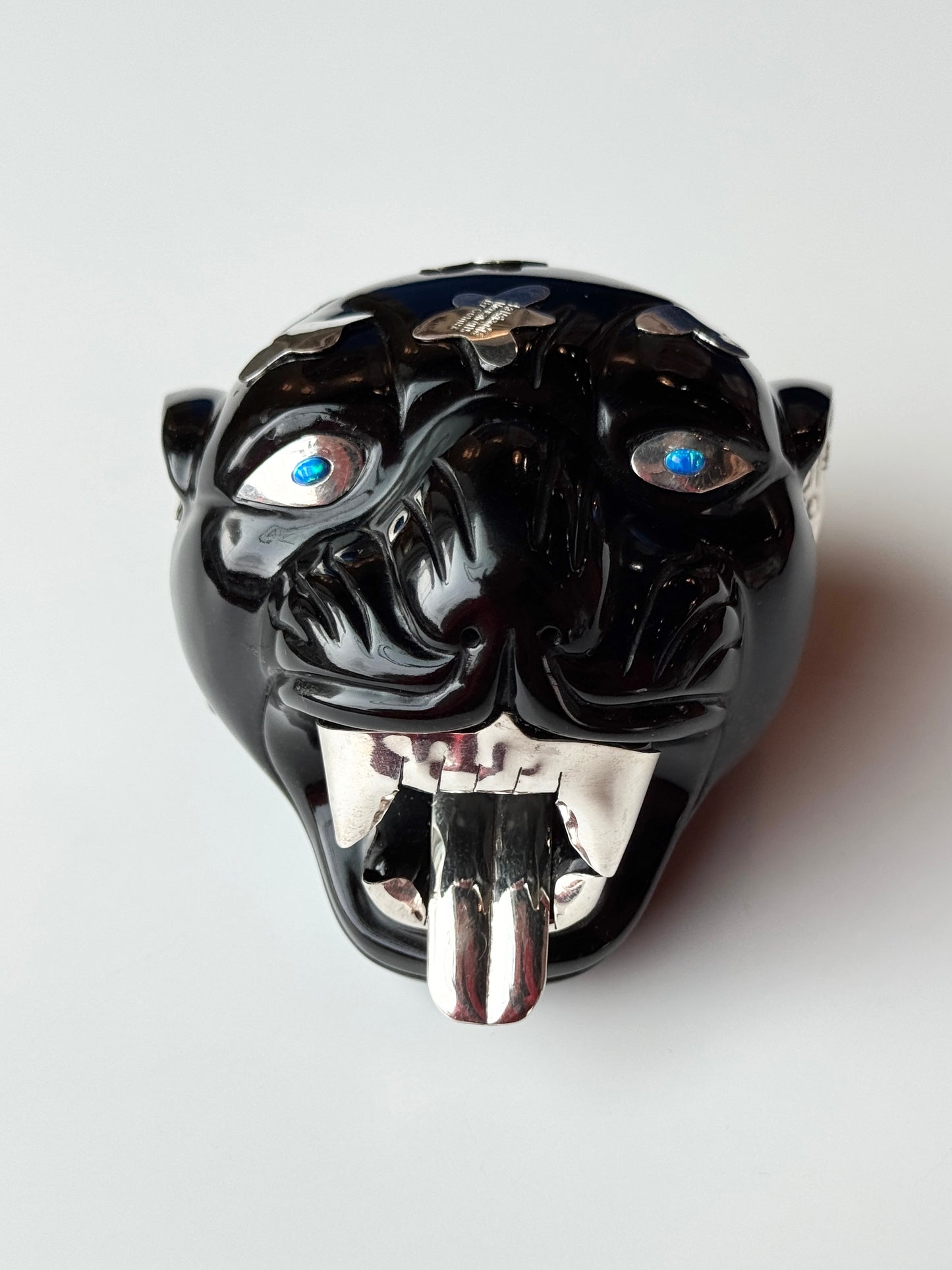 Obsidian Jaguar Sculpture | 95% Silver and Opal