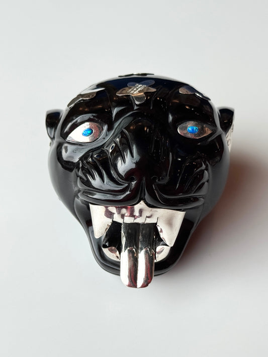 Obsidian Jaguar Sculpture | 95% Silver and Opal