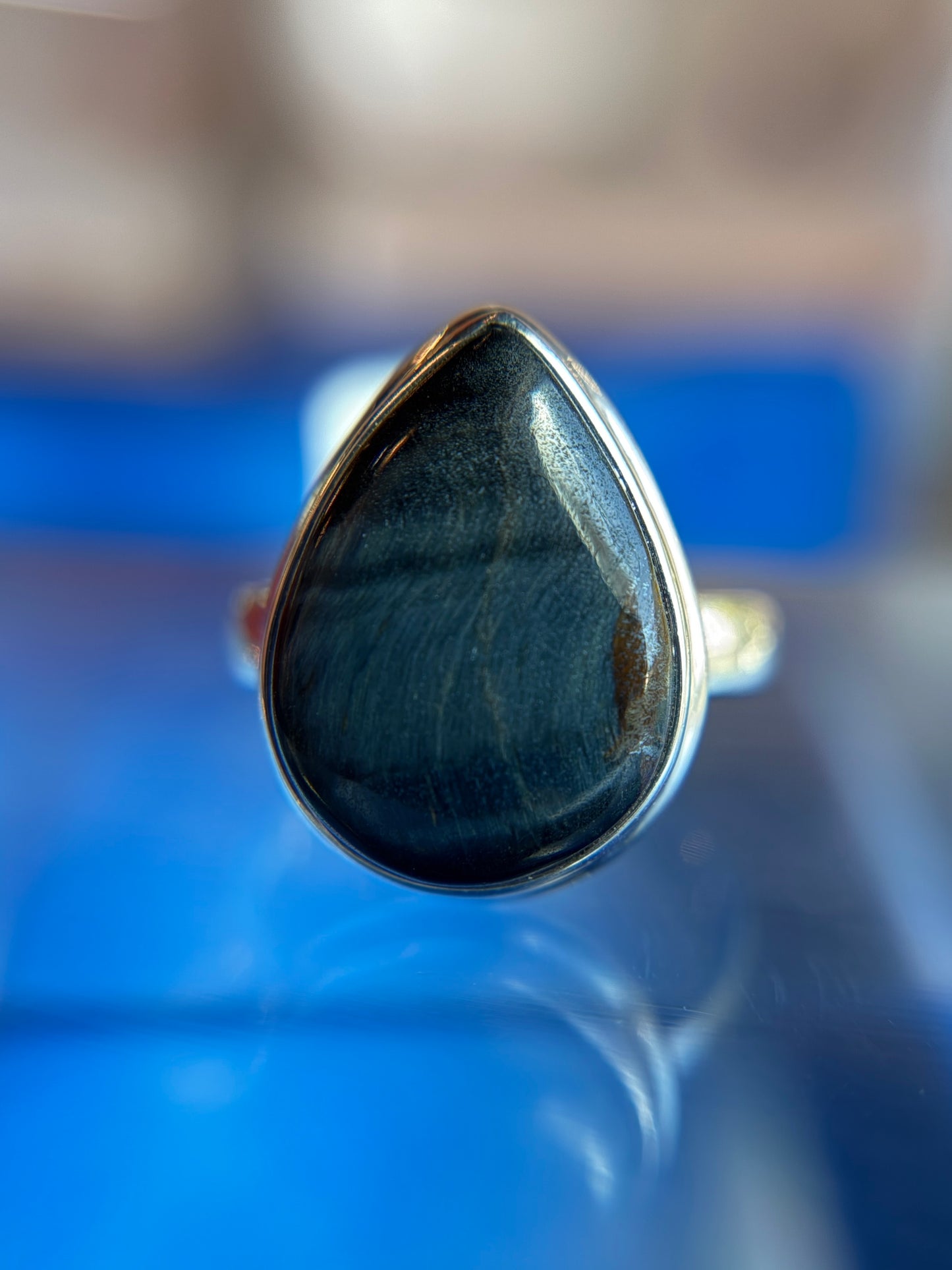 Hawk Eye Blue Tigers Eye Ring Size 8 Sterling Silver