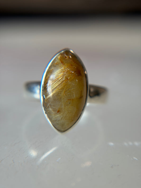 Gold Rutilated Quartz Ring Size 6 Sterling Silver