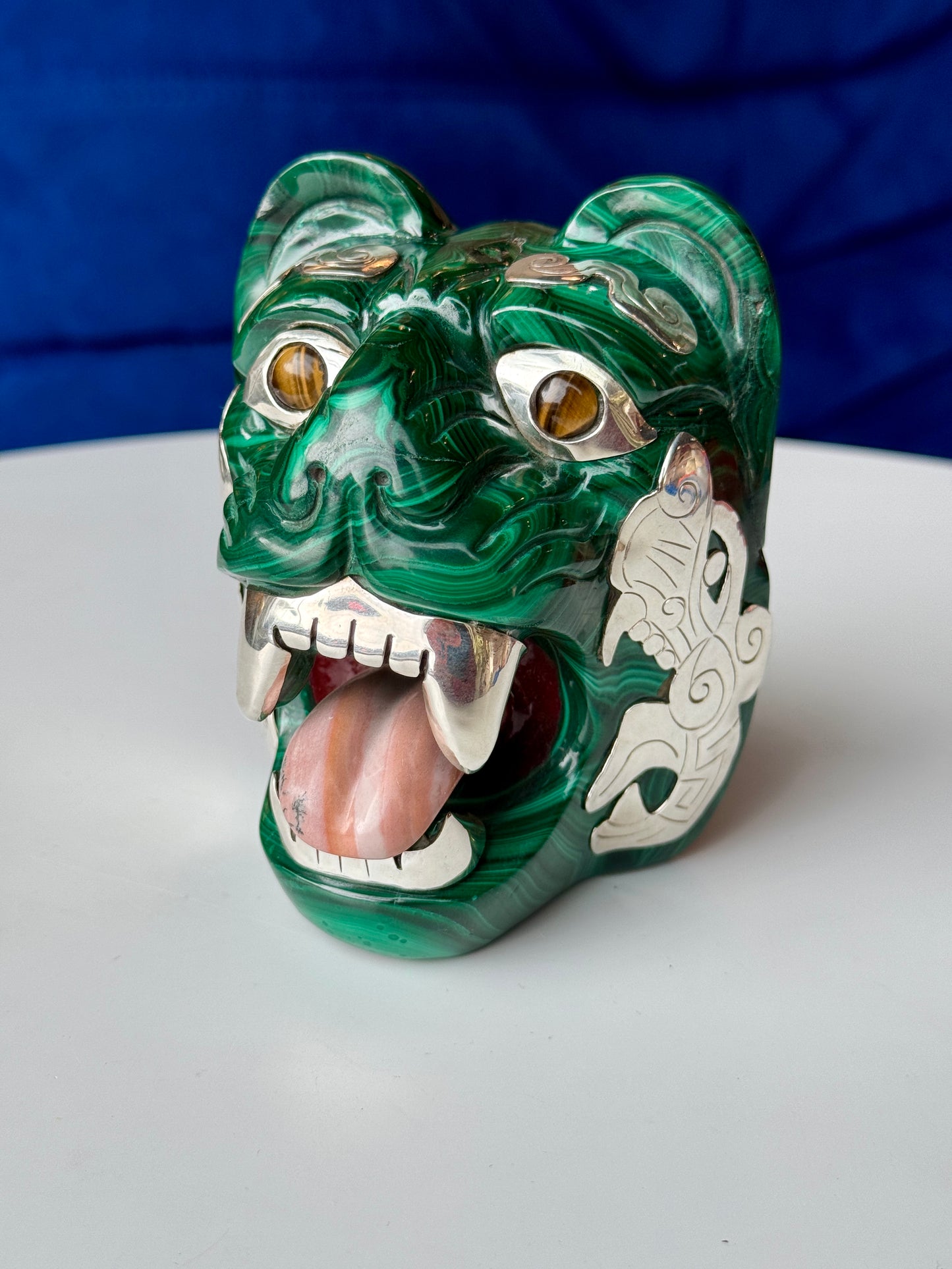 Malachite Sculpture with Tigers Eye and 95% Silver Accents