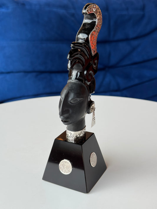 Pakal the Great Obsidian Sculpture | Mayan Sculpture | 95% silver