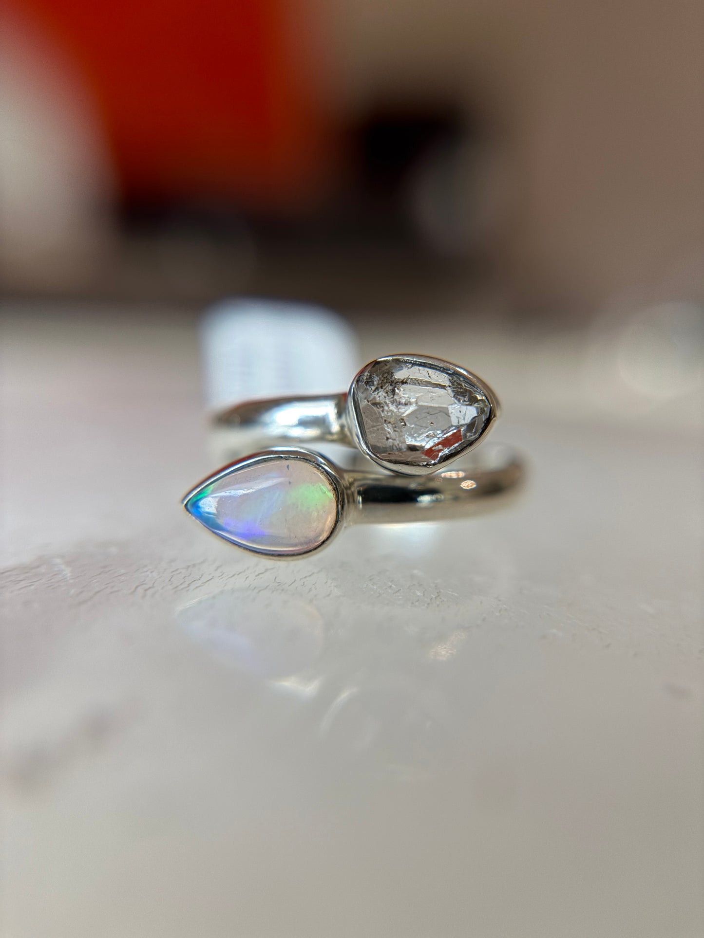 Opal and Herkimer Diamond Ring Size 6 Sterling Silver