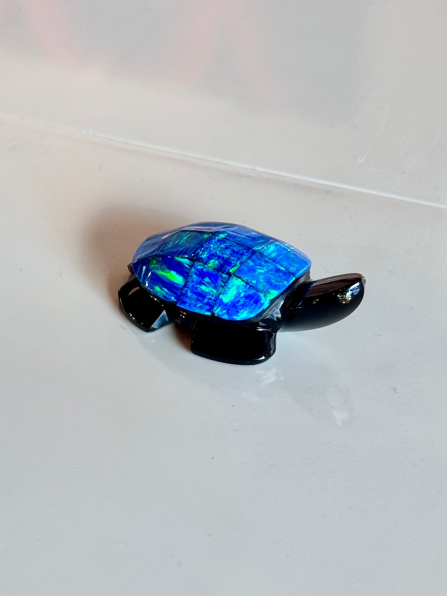 Obsidian Turtle with Blue Opal Shell and Fire Opal Eyes