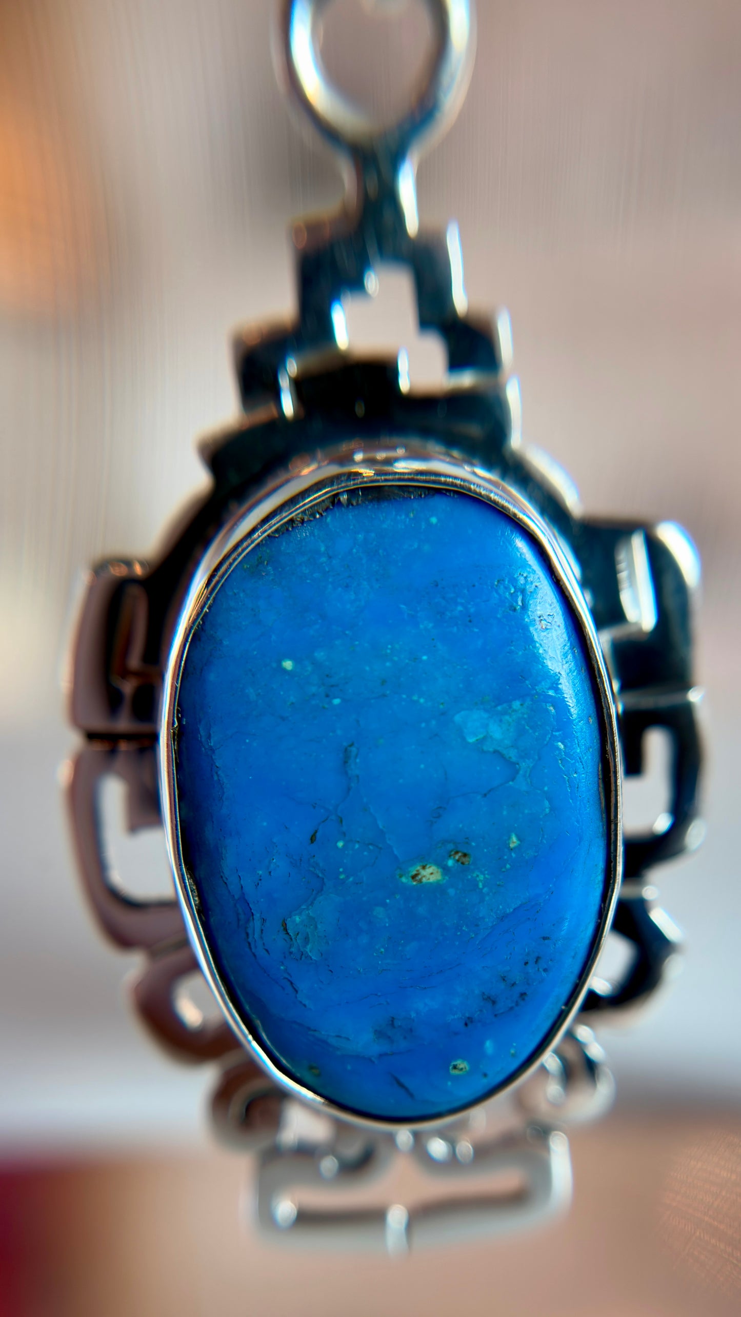 Sterling Silver Blue Opal Pendant with Mayan-Inspired Design