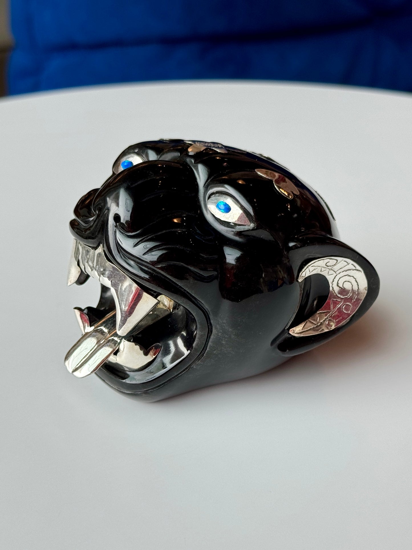 Obsidian Jaguar Sculpture | 95% Silver and Opal