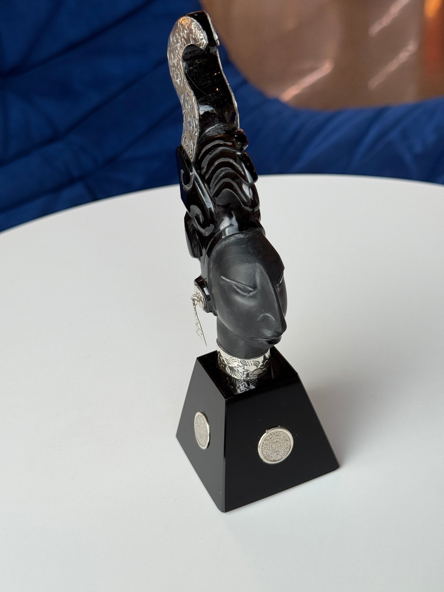 Pakal the Great Obsidian Sculpture | Mayan Sculpture | 95% silver