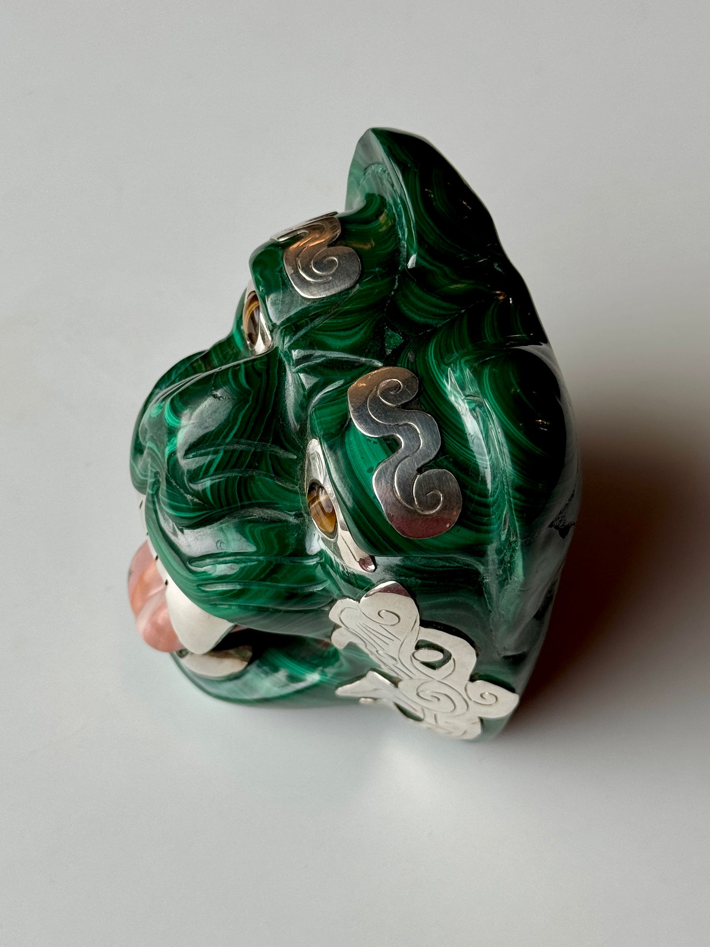 Malachite Sculpture with Tigers Eye and 95% Silver Accents